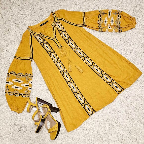 COPY - Dress. Mustard Yellow. Black & White Embroidery. Blu Pepper Brand. - Picture 8 of 13